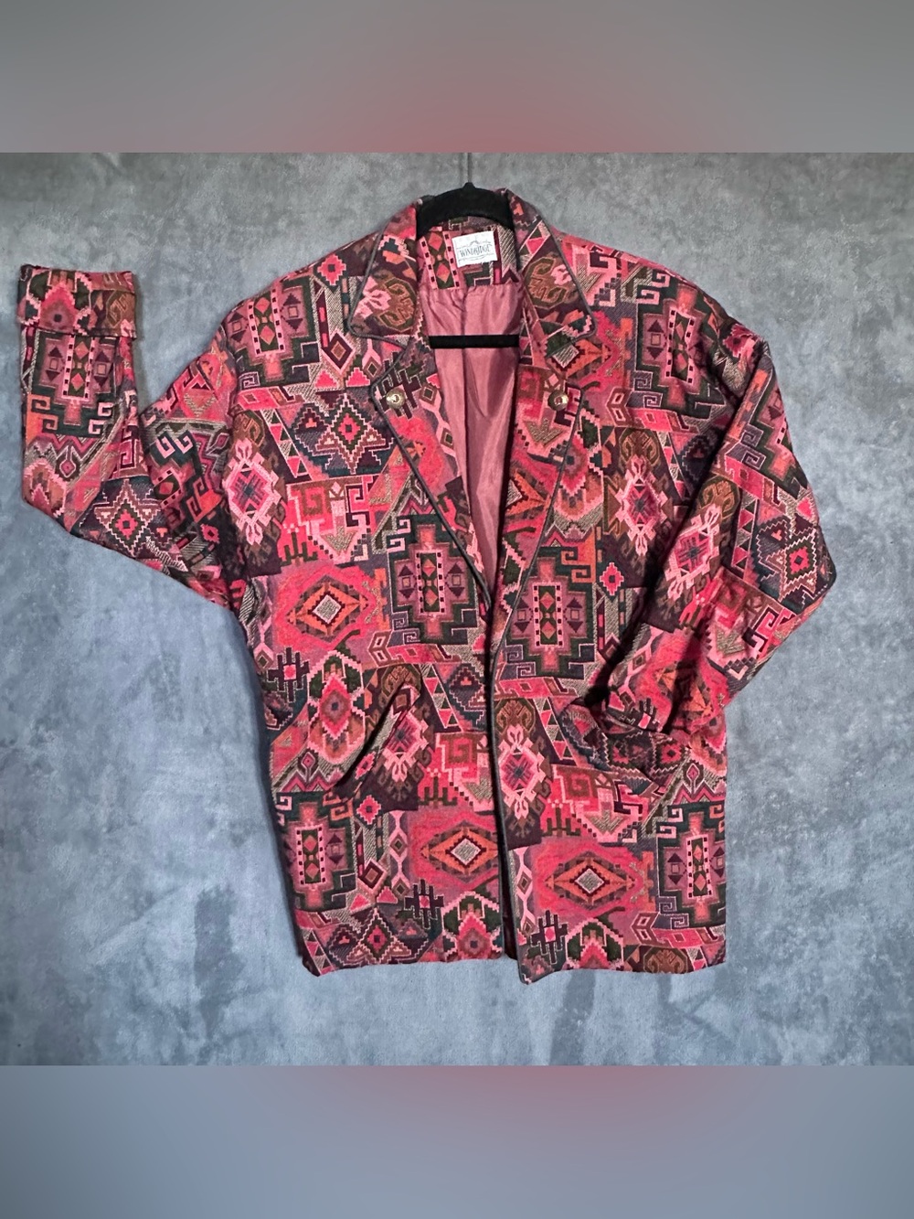 Southwest Western Tapestry Vintage Blazer Jacket Med Navajo Coral Green Blue